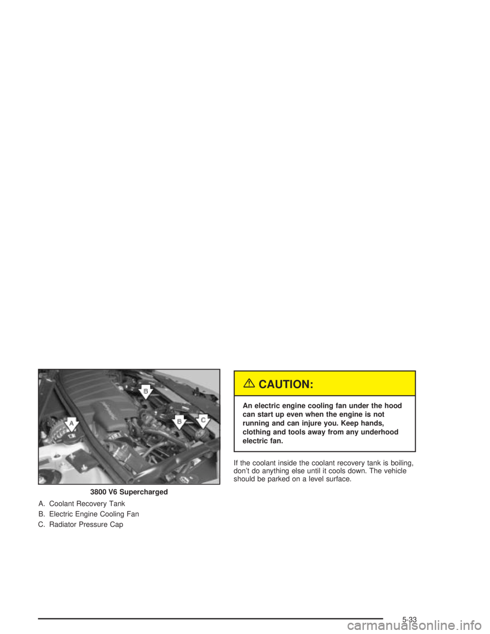 PONTIAC GRAND PRIX 2004 Owners Manual A. Coolant Recovery Tank
B. Electric Engine Cooling Fan
C. Radiator Pressure Cap
{CAUTION:
An electric engine cooling fan under the hood
can start up even when the engine is not
running and can injure PONTIAC GRAND PRIX 2004 Owners Manual A. Coolant Recovery Tank
B. Electric Engine Cooling Fan
C. Radiator Pressure Cap
{CAUTION:
An electric engine cooling fan under the hood
can start up even when the engine is not
running and can injure
