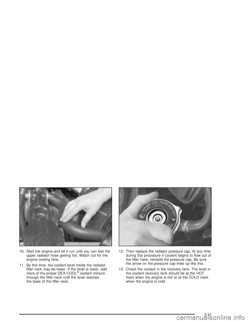 PONTIAC GRAND PRIX 2004 Owners Manual 10. Start the engine and let it run until you can feel the
upper radiator hose getting hot. Watch out for the
engine cooling fans.
11. By this time, the coolant level inside the radiator
®ller neck m PONTIAC GRAND PRIX 2004 Owners Manual 10. Start the engine and let it run until you can feel the
upper radiator hose getting hot. Watch out for the
engine cooling fans.
11. By this time, the coolant level inside the radiator
®ller neck m