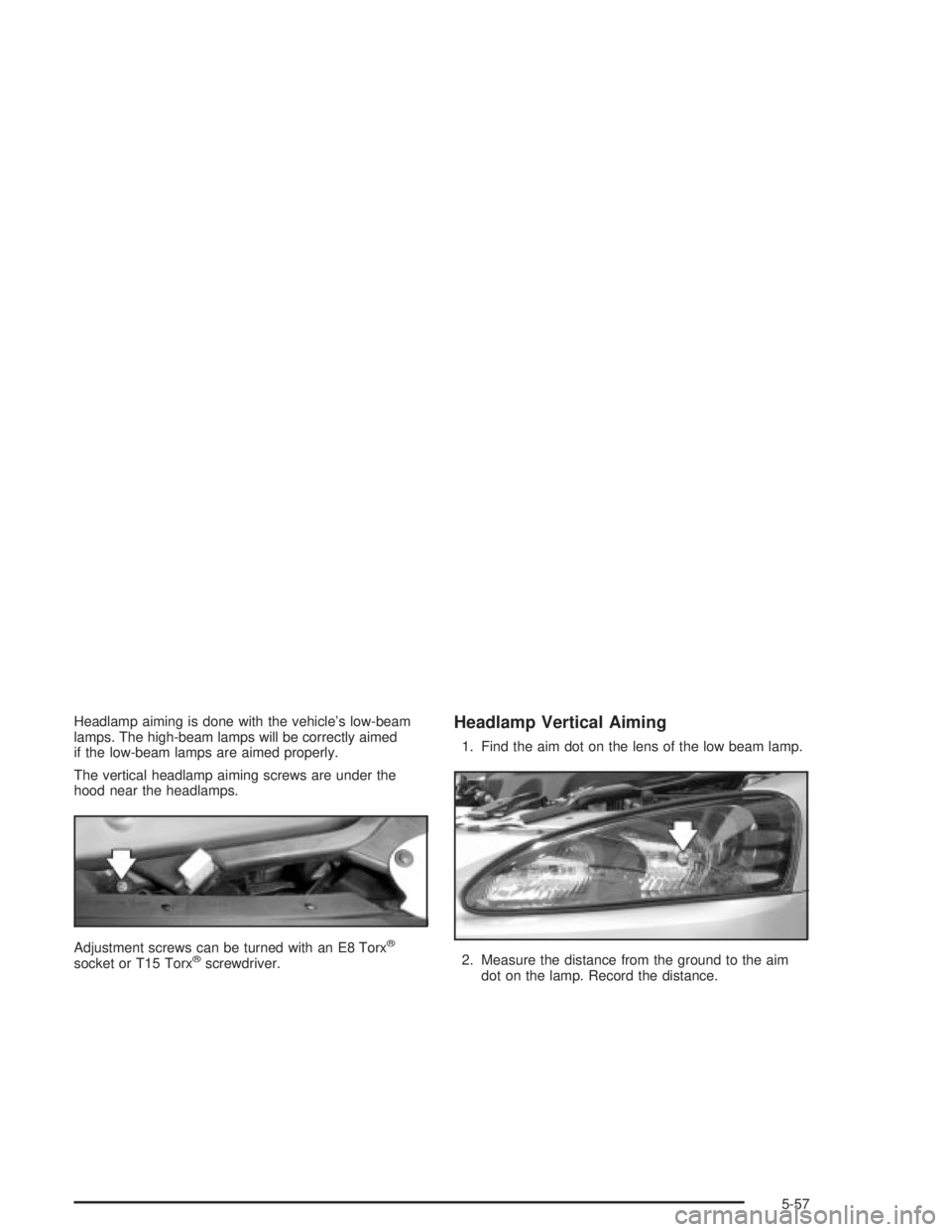 PONTIAC GRAND PRIX 2004  Owners Manual Headlamp aiming is done with the vehicles low-beam
lamps. The high-beam lamps will be correctly aimed
if the low-beam lamps are aimed properly.
The vertical headlamp aiming screws are under the
hood 