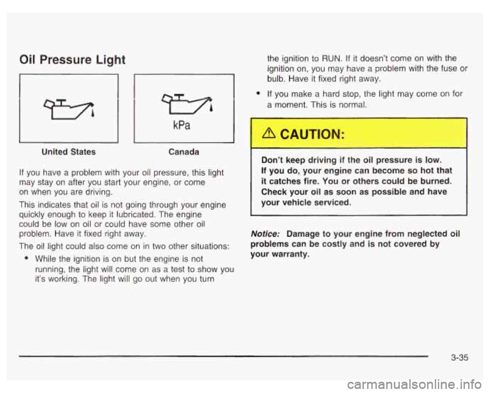 PONTIAC GRAND PRIX 2003  Owners Manual Oil Pressure Light 
United  States 
kPa 
I I 
Canada 
the ignition to RUN. If it doesn’t  come on with the 
ignition  on, you  may  have  a problem with the fuse or 
bulb.  Have it fixed right away.