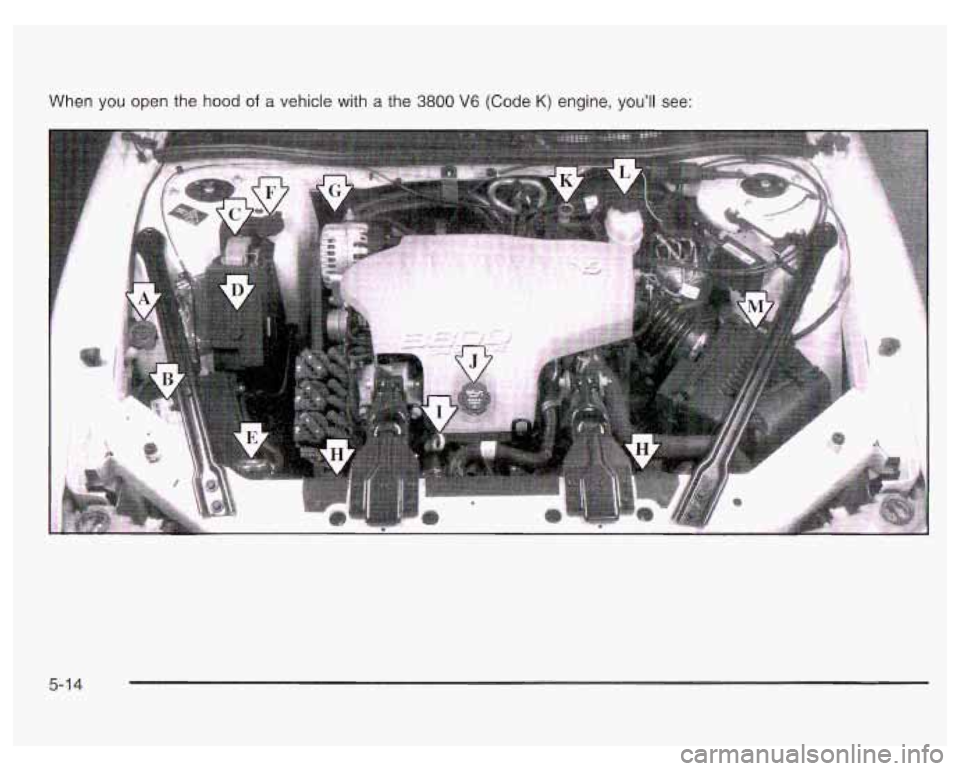 PONTIAC GRAND PRIX 2003  Owners Manual When you open the  hood of a vehicle with a the 3800 V6 (Code K) engine, you’ll see: 
5-1 4  
