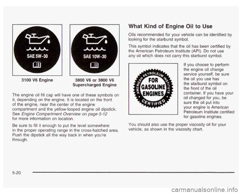 PONTIAC GRAND PRIX 2003  Owners Manual I- 
3100 . - Engine 
A 
A 
* 
SAE 1OW-30 
m 
I 
3800 V6 or 3800 V6 
Supercharged  Engine 
The  engine oil fill cap will have  one  of these  symbols  on 
it,  depending  on  the engine. It is located 