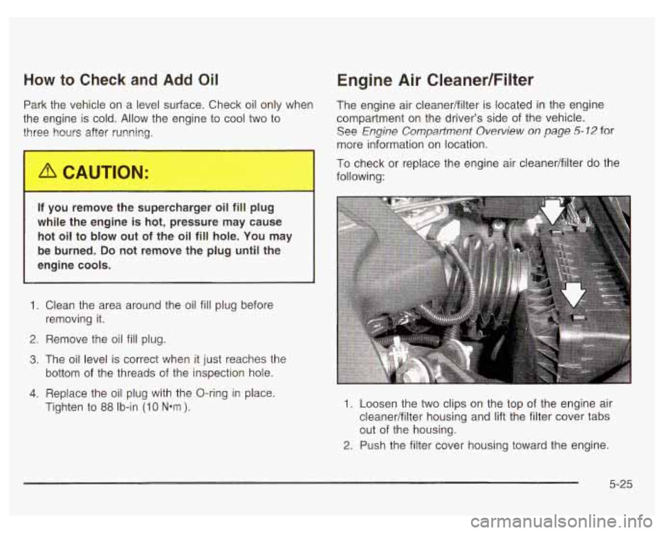 PONTIAC GRAND PRIX 2003  Owners Manual How to Check and Add Oil 
Park  the vehicle on  a level surface.  Check oil only  when 
the  engine  is cold. Allow the engine  to cool  two to 
three  hours  after running. 
I 
If you  remove  the su