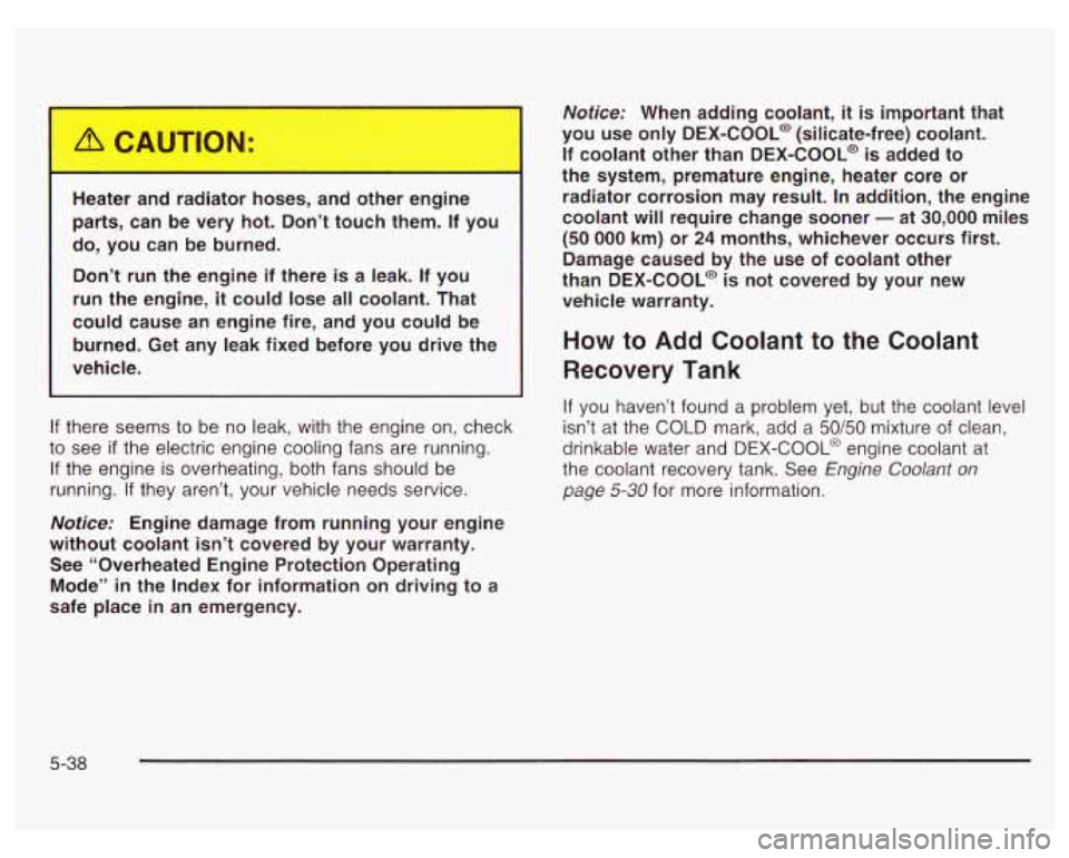 PONTIAC GRAND PRIX 2003 Owners Manual He !r : I r8 r hoses, ar other engine
parts, can be very hot. Don’t touch them. If you
do, you can be burned.
Don’t run the engine if there is a leak. If you
run the PONTIAC GRAND PRIX 2003 Owners Manual He !r : I r8 r hoses, ar other engine
parts, can be very hot. Don’t touch them. If you
do, you can be burned.
Don’t run the engine if there is a leak. If you
run the