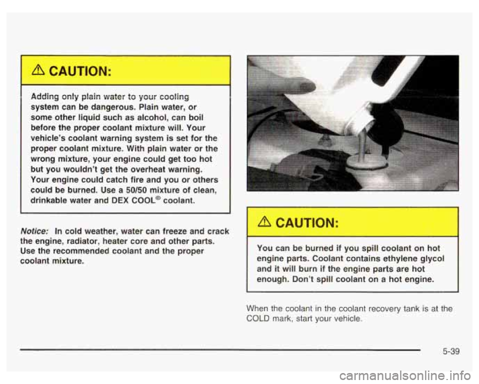 PONTIAC GRAND PRIX 2003 Owners Manual Notice: In cold weather, water can freeze and crack
the engine, radiator, heater core and other parts.
Use the recommended coolant and the proper
coolant mixture. Adding only PONTIAC GRAND PRIX 2003 Owners Manual Notice: In cold weather, water can freeze and crack
the engine, radiator, heater core and other parts.
Use the recommended coolant and the proper
coolant mixture. Adding only