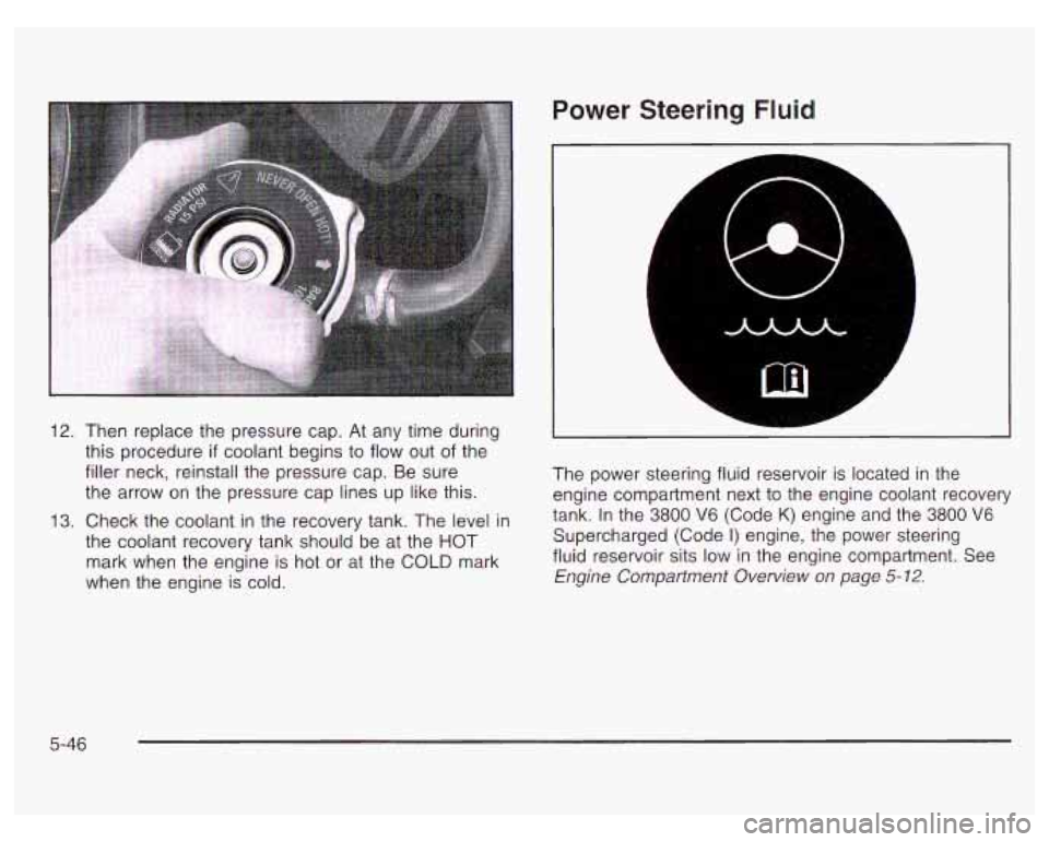 PONTIAC GRAND PRIX 2003 Owners Manual Power Steering Fluid
12. Then replace the pressure cap. At any time during
this procedure
if coolant begins to flow out of the
filler neck, reinstall the pressure cap. Be sure
the PONTIAC GRAND PRIX 2003 Owners Manual Power Steering Fluid
12. Then replace the pressure cap. At any time during
this procedure
if coolant begins to flow out of the
filler neck, reinstall the pressure cap. Be sure
the