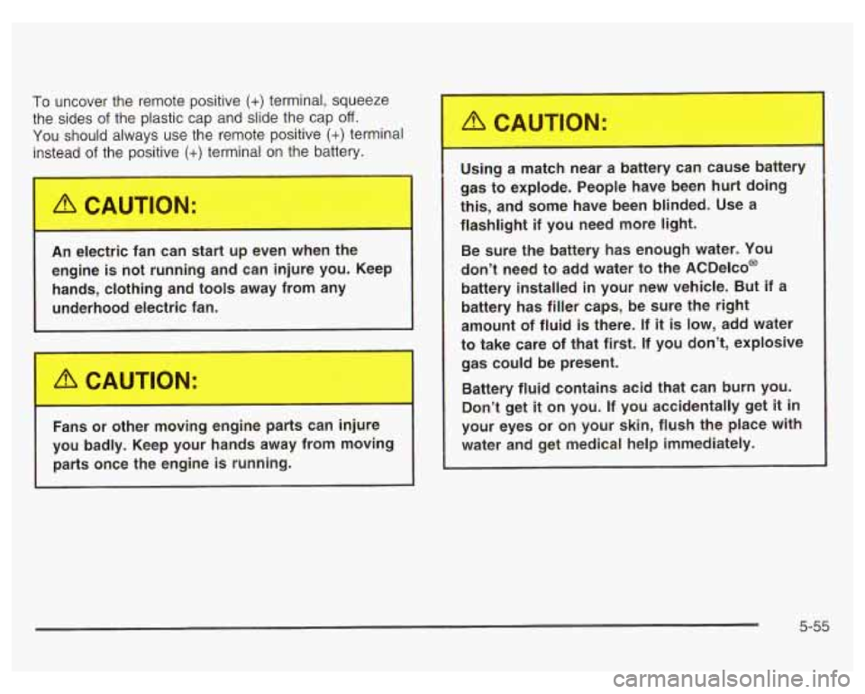 PONTIAC GRAND PRIX 2003 Owners Manual To uncover the remote positive (+) terminal, squeeze
the sides
of the plastic cap and slide the cap off.
You should always use the remote positive (+) terminal
instead
of the positive PONTIAC GRAND PRIX 2003 Owners Manual To uncover the remote positive (+) terminal, squeeze
the sides
of the plastic cap and slide the cap off.
You should always use the remote positive (+) terminal
instead
of the positive