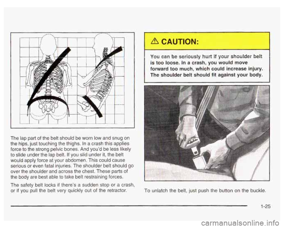 PONTIAC GRAND PRIX 2003 Owners Guide The lap part of the belt should be worn low and snug on
the hips, just touching the thighs. In a crash this applies
force to the strong pelvic bones. And you’d be less likely
to s PONTIAC GRAND PRIX 2003 Owners Guide The lap part of the belt should be worn low and snug on
the hips, just touching the thighs. In a crash this applies
force to the strong pelvic bones. And you’d be less likely
to s