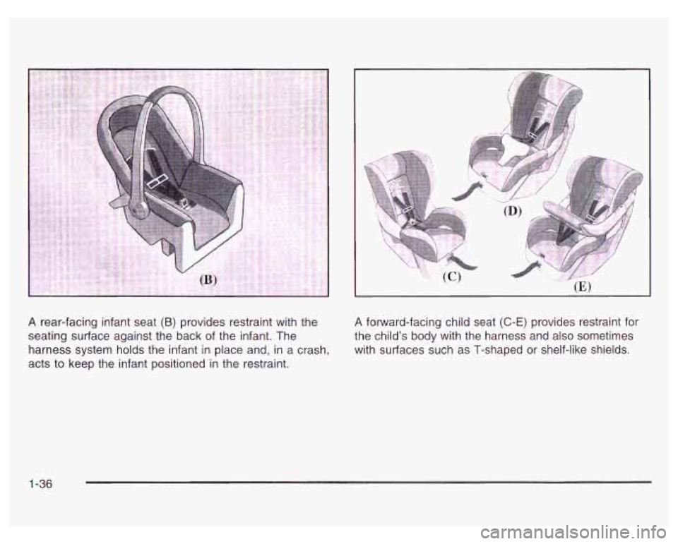 PONTIAC GRAND PRIX 2003 Service Manual A rear-facing infant seat (B) provides restraint with the
seating surface against the back of the infant. The
harness system holds the infant in place and, in a crash,
acts to keep the PONTIAC GRAND PRIX 2003 Service Manual A rear-facing infant seat (B) provides restraint with the
seating surface against the back of the infant. The
harness system holds the infant in place and, in a crash,
acts to keep the