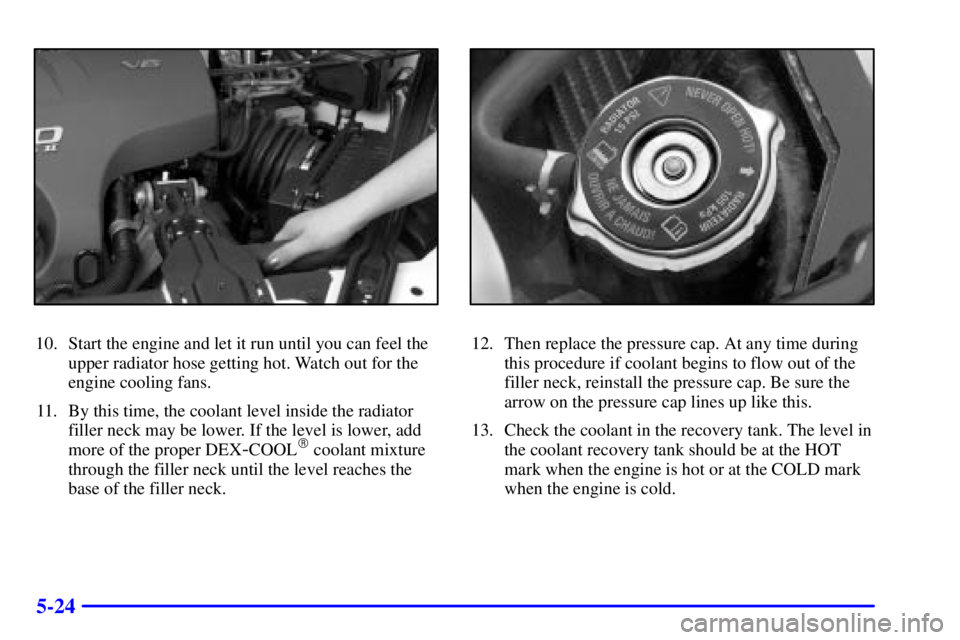 PONTIAC GRAND PRIX 2002  Owners Manual 5-24
10. Start the engine and let it run until you can feel the
upper radiator hose getting hot. Watch out for the
engine cooling fans.
11. By this time, the coolant level inside the radiator
filler n