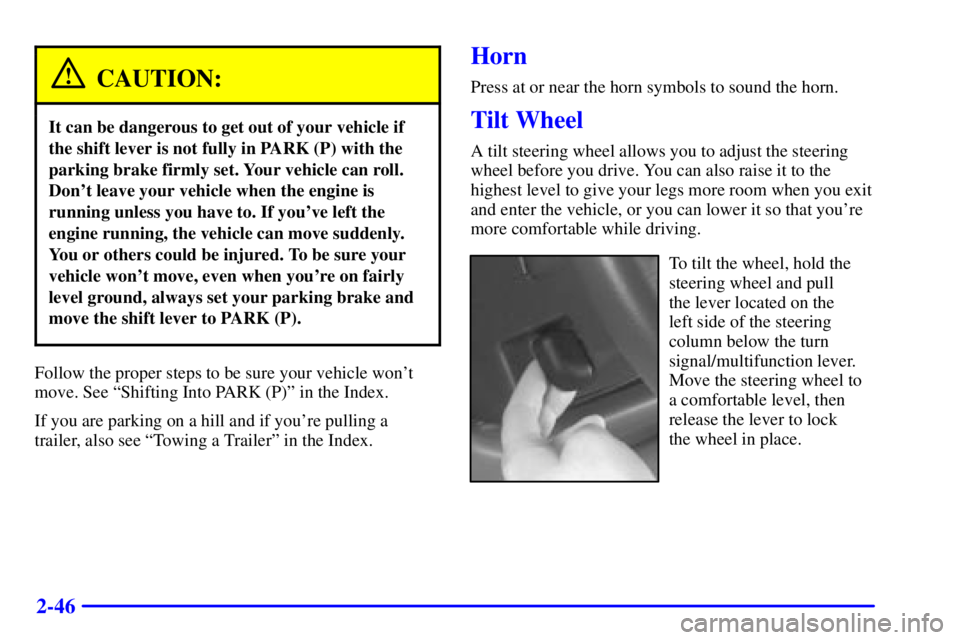 PONTIAC GRAND PRIX 2001  Owners Manual 2-46
CAUTION:
It can be dangerous to get out of your vehicle if
the shift lever is not fully in PARK (P) with the
parking brake firmly set. Your vehicle can roll.
Dont leave your vehicle when the eng
