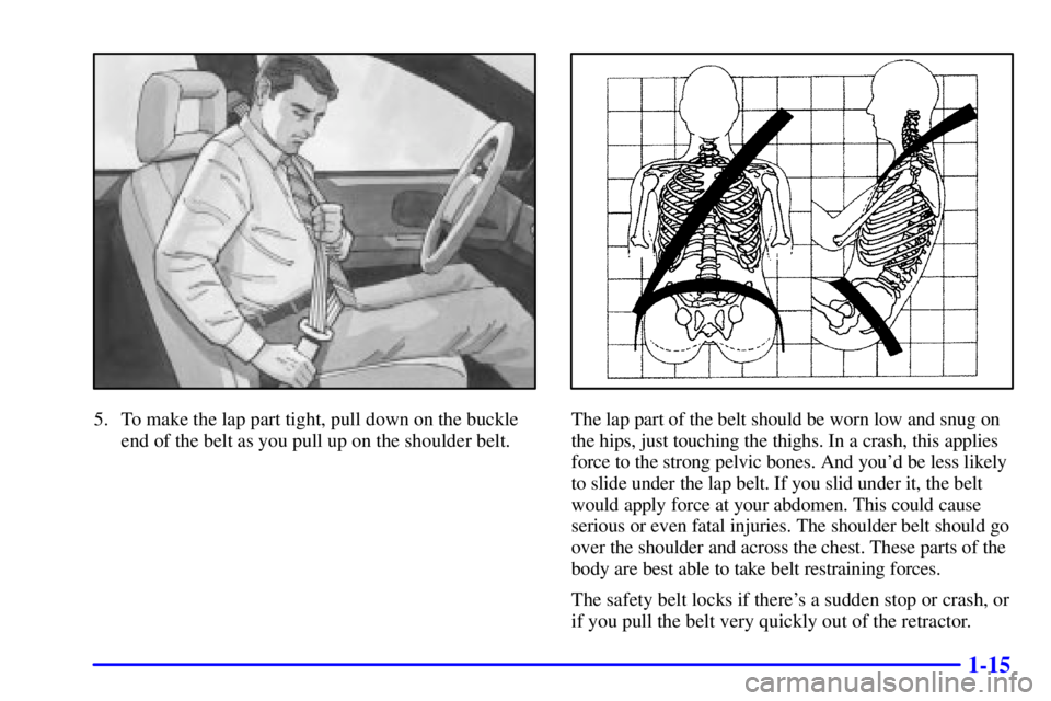 PONTIAC GRAND PRIX 2000 Owners Manual 1-15
5. To make the lap part tight, pull down on the buckle
end of the belt as you pull up on the shoulder belt.The lap part of the belt should be worn low and snug on
the hips, just touching the thig