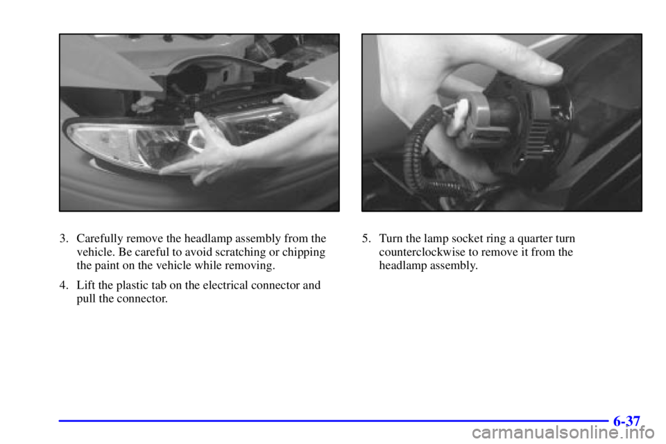 PONTIAC GRAND PRIX 2000 Owners Manual 6-37
3. Carefully remove the headlamp assembly from the
vehicle. Be careful to avoid scratching or chipping
the paint on the vehicle while removing.
4. Lift the plastic tab on the electrical connector PONTIAC GRAND PRIX 2000 Owners Manual 6-37
3. Carefully remove the headlamp assembly from the
vehicle. Be careful to avoid scratching or chipping
the paint on the vehicle while removing.
4. Lift the plastic tab on the electrical connector