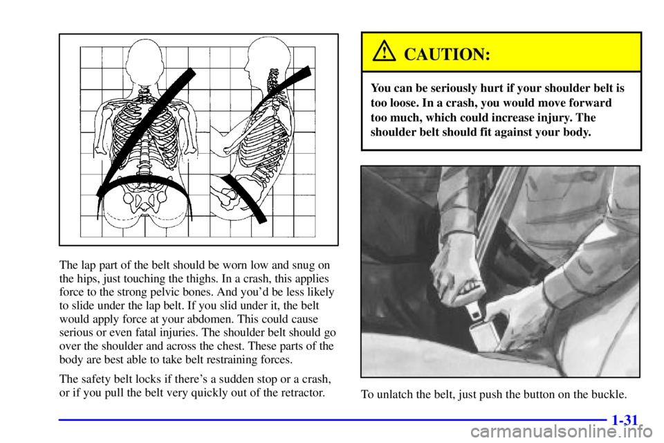 PONTIAC GRAND PRIX 2000 Service Manual 1-31
The lap part of the belt should be worn low and snug on
the hips, just touching the thighs. In a crash, this applies
force to the strong pelvic bones. And youd be less likely
to slide under the PONTIAC GRAND PRIX 2000 Service Manual 1-31
The lap part of the belt should be worn low and snug on
the hips, just touching the thighs. In a crash, this applies
force to the strong pelvic bones. And youd be less likely
to slide under the