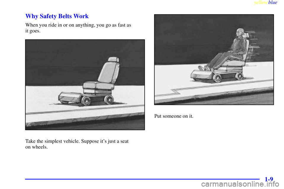 PONTIAC GRAND PRIX 1999 User Guide yellowblue
1-9 Why Safety Belts Work
When you ride in or on anything, you go as fast as
it goes.
Take the simplest vehicle. Suppose its just a seat
on wheels.
Put someone on it. PONTIAC GRAND PRIX 1999 User Guide yellowblue
1-9 Why Safety Belts Work
When you ride in or on anything, you go as fast as
it goes.
Take the simplest vehicle. Suppose its just a seat
on wheels.
Put someone on it.