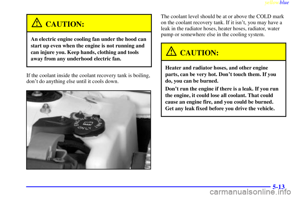 PONTIAC GRAND PRIX 1999 Owners Manual yellowblue
5-13
CAUTION:
An electric engine cooling fan under the hood can
start up even when the engine is not running and
can injure you. Keep hands, clothing and tools
away from any underhood PONTIAC GRAND PRIX 1999 Owners Manual yellowblue
5-13
CAUTION:
An electric engine cooling fan under the hood can
start up even when the engine is not running and
can injure you. Keep hands, clothing and tools
away from any underhood