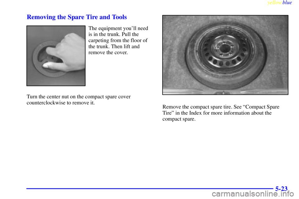 PONTIAC GRAND PRIX 1999  Owners Manual yellowblue     
5-23 Removing the Spare Tire and Tools
The equipment youll need
is in the trunk. Pull the
carpeting from the floor of
the trunk. Then lift and
remove the cover.
Turn the center nut on