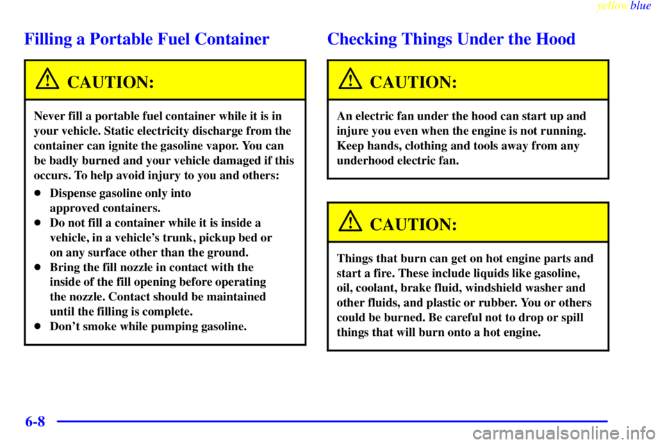 PONTIAC GRAND PRIX 1999  Owners Manual yellowblue     
6-8
Filling a Portable Fuel Container
CAUTION:
Never fill a portable fuel container while it is in
your vehicle. Static electricity discharge from the
container can ignite the gasoline