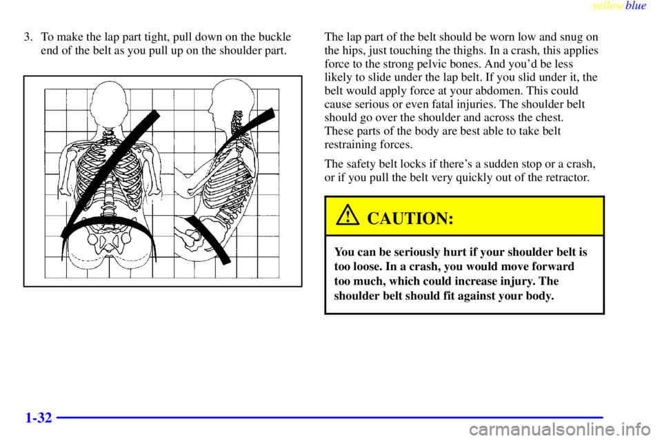 PONTIAC GRAND PRIX 1999 Owners Guide yellowblue
1-32
3. To make the lap part tight, pull down on the buckle
end of the belt as you pull up on the shoulder part.The lap part of the belt should be worn low and snug on
the hips, just t PONTIAC GRAND PRIX 1999 Owners Guide yellowblue
1-32
3. To make the lap part tight, pull down on the buckle
end of the belt as you pull up on the shoulder part.The lap part of the belt should be worn low and snug on
the hips, just t