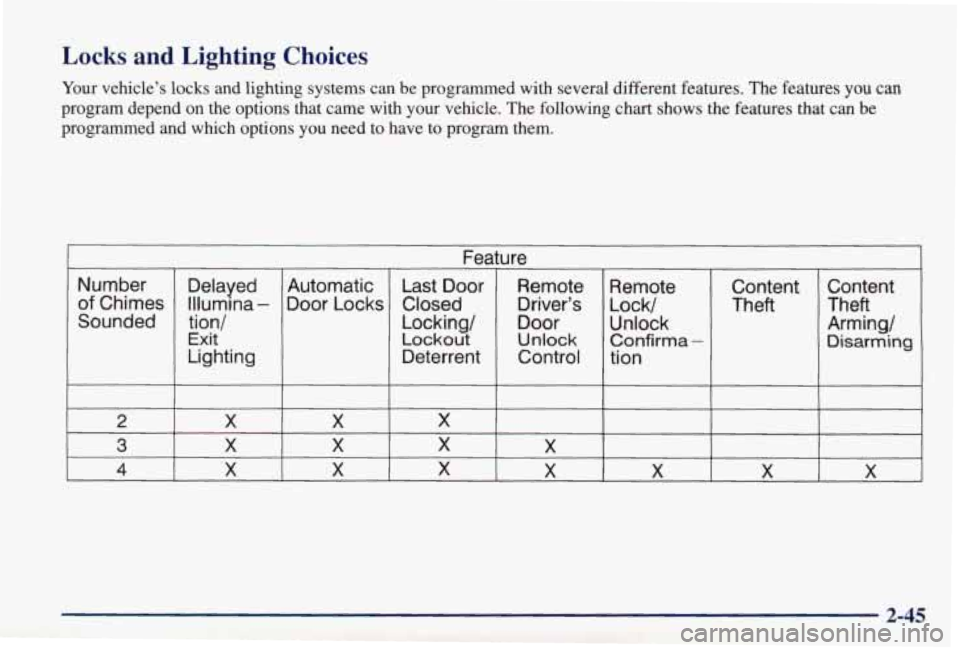 PONTIAC GRAND PRIX 1998  Owners Manual Locks  and  Lighting  Choices 
Your vehicle’s locks and  lighting  systems  can  be  programmed  with  several  different  f\
eatures.  The features  you can 
program  depend  on  the  options  that