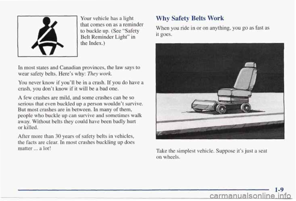 PONTIAC GRAND PRIX 1998 User Guide Your vehicle has a light
that comes
on as a reminder
to buckle up. (See “Safety
Belt Reminder Light” in
the Index.)
In most states and Canadian provinces, the law says to PONTIAC GRAND PRIX 1998 User Guide Your vehicle has a light
that comes
on as a reminder
to buckle up. (See “Safety
Belt Reminder Light” in
the Index.)
In most states and Canadian provinces, the law says to