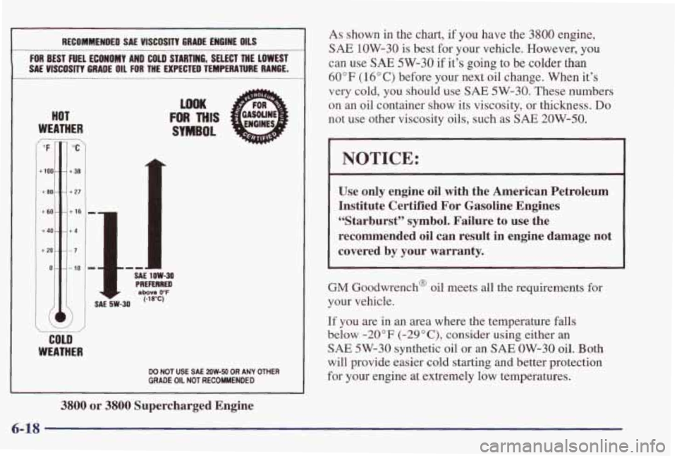 PONTIAC GRAND PRIX 1998  Owners Manual HOT 
WEATHER 
ImK 
FOR THIS 
-- 
RECOMMENDED SAE VISCOSITY  GRADE  EWGIWE OILS 
FOR BEST FUEL ECONOMY AND COLD STARTINO, SELECT THE LOWEST 
SA€ UlSCOSlll 6MDE OIL FOR THE  EXPECTLD TEMPERATURE WE. 
