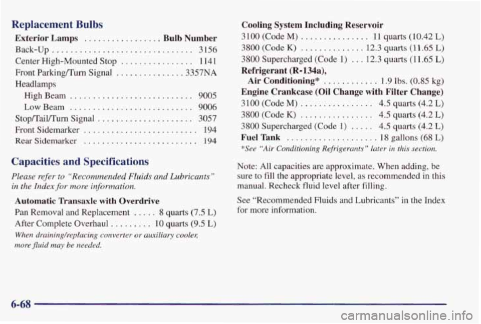 PONTIAC GRAND PRIX 1998  Owners Manual Replacement Bulbs 
Exterior Lamps ............... Bulb  Number 
Back-up ............................... 3 156 
Front  Parking/Turn  Signal 
.............. .3357NA 
Center  High-Mounted  Stop 
........