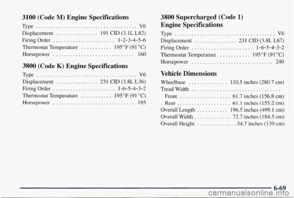 PONTIAC GRAND PRIX 1998 Owners Manual 3100 (Code M) Engine Specifications
Type .................................... V6
Displacement
....... . . 191 CID (3.1LL82)
Firing Order
...................... 1-2-3-4-5-6
Thermostat Tempe PONTIAC GRAND PRIX 1998 Owners Manual 3100 (Code M) Engine Specifications
Type .................................... V6
Displacement
....... . . 191 CID (3.1LL82)
Firing Order
...................... 1-2-3-4-5-6
Thermostat Tempe