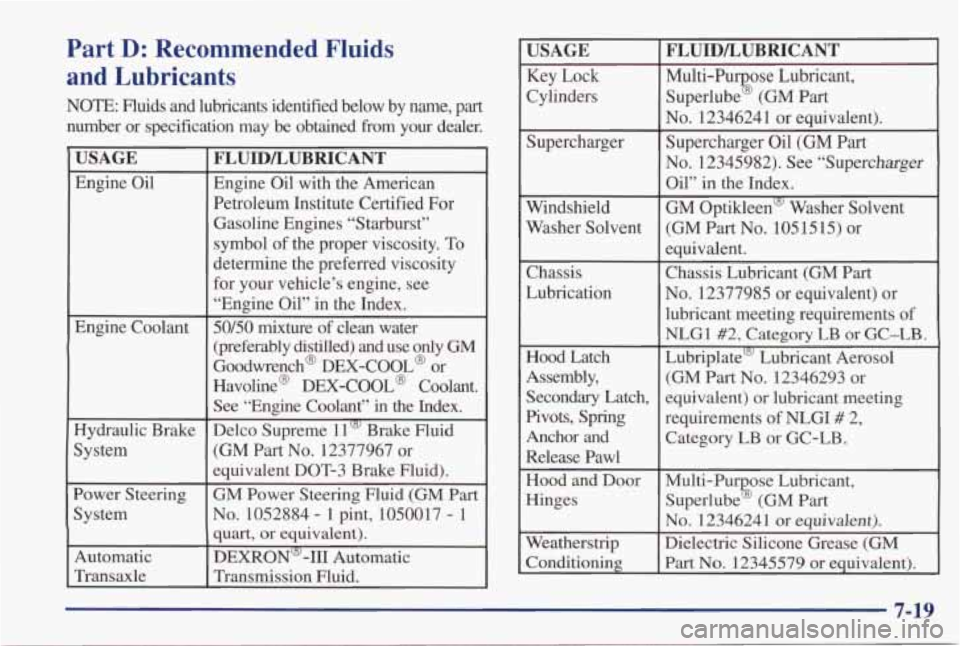 PONTIAC GRAND PRIX 1998  Owners Manual Part D: Recommended  Fluids 
and Lubricants 
NOTE:  Fluids  and  lubricants  identified  below  by  name,  part number  or  specification  may 
be obtained  from  your  dealer. 
USAGE 
Engine Oil 
Eng