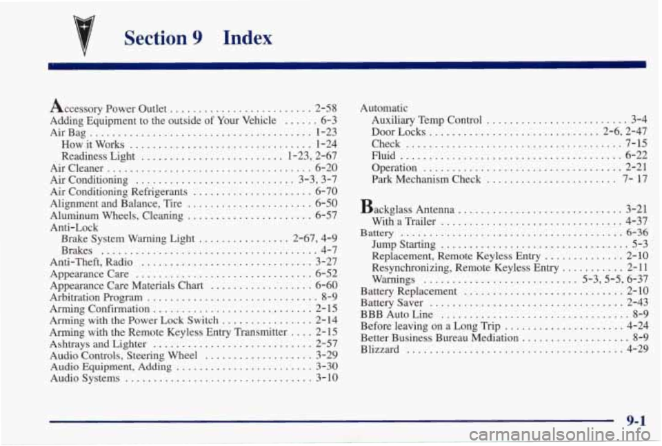 PONTIAC GRAND PRIX 1998  Owners Manual Section 9 Index 
Accessory  Power outlet ......................... 2-58 
Adding  Equipment  to  the  outside  of  Your  Vehicle ...... 6-3 
AirBag ....................................... 1-23 
How it 