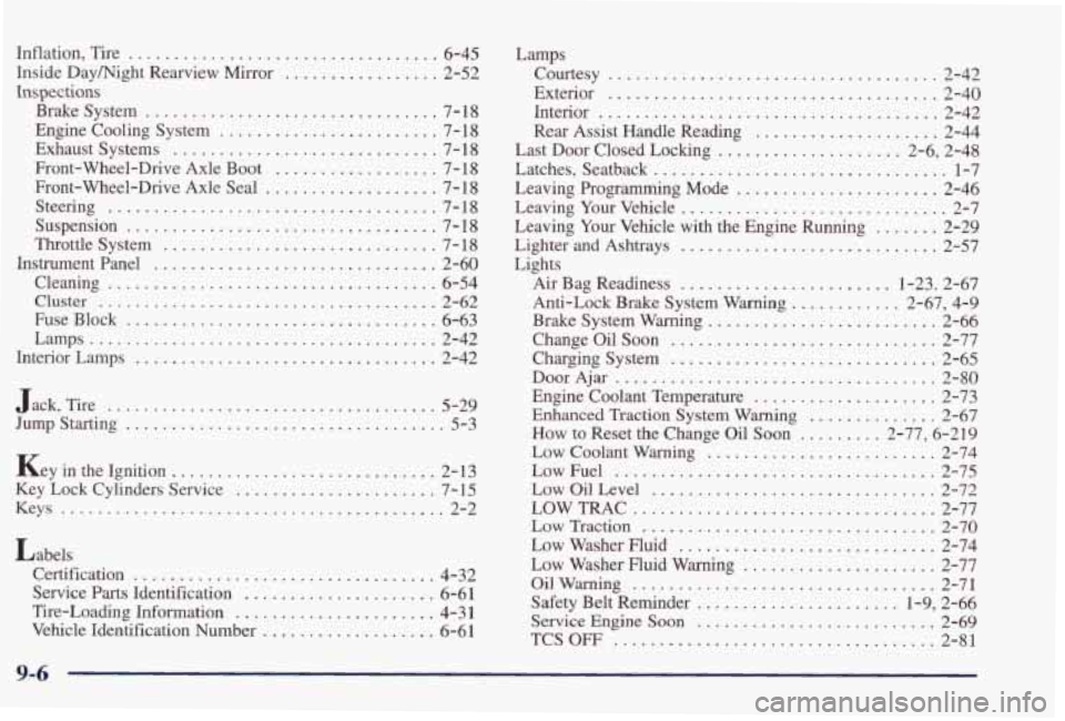 PONTIAC GRAND PRIX 1998  Owners Manual Inflation.  Tire .................................. 6-45 
Inside  Daymight  Rearview  Mirror 
................. 2-52 
Brake  System 
................................ 7-  18 
Engine  Cooling  System 
.