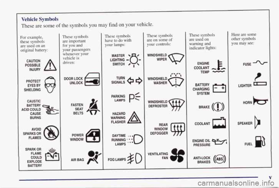 PONTIAC GRAND PRIX 1998  Owners Manual Vehicle Symbols 
These  are  some of the symbols you may find  on your vehicle. 
For example, 
these symbols  are  used  on  an 
original battery: 
POSSIBLE A 
CAUTION 
INJURY 
PROTECT  EYES  BY 
SHIE