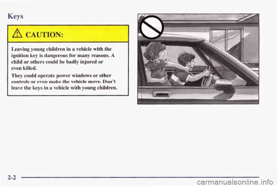 PONTIAC GRAND PRIX 1998 Manual PDF Keys 
I 
A CAUTION: 
Leaving  young  children  in  a  vehicle  with  the 
ignition  key  is  dangerous 
for many  reasons. A 
child  or  others  could  be  badly  injured  or 
even  killed. 
They  cou