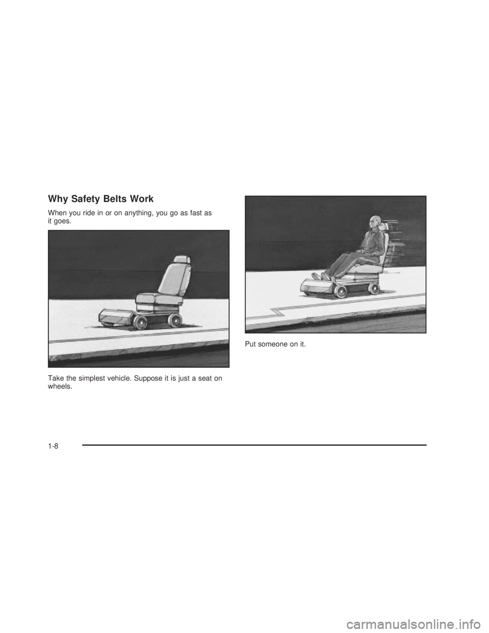 PONTIAC GTO 2006 User Guide Why Safety Belts Work
When you ride in or on anything, you go as fast as
it goes.
Take the simplest vehicle. Suppose it is just a seat on
wheels.Put someone on it.
1-8
2006 - Pontiac GTO Owner Manual PONTIAC GTO 2006 User Guide Why Safety Belts Work
When you ride in or on anything, you go as fast as
it goes.
Take the simplest vehicle. Suppose it is just a seat on
wheels.Put someone on it.
1-8
2006 - Pontiac GTO Owner Manual