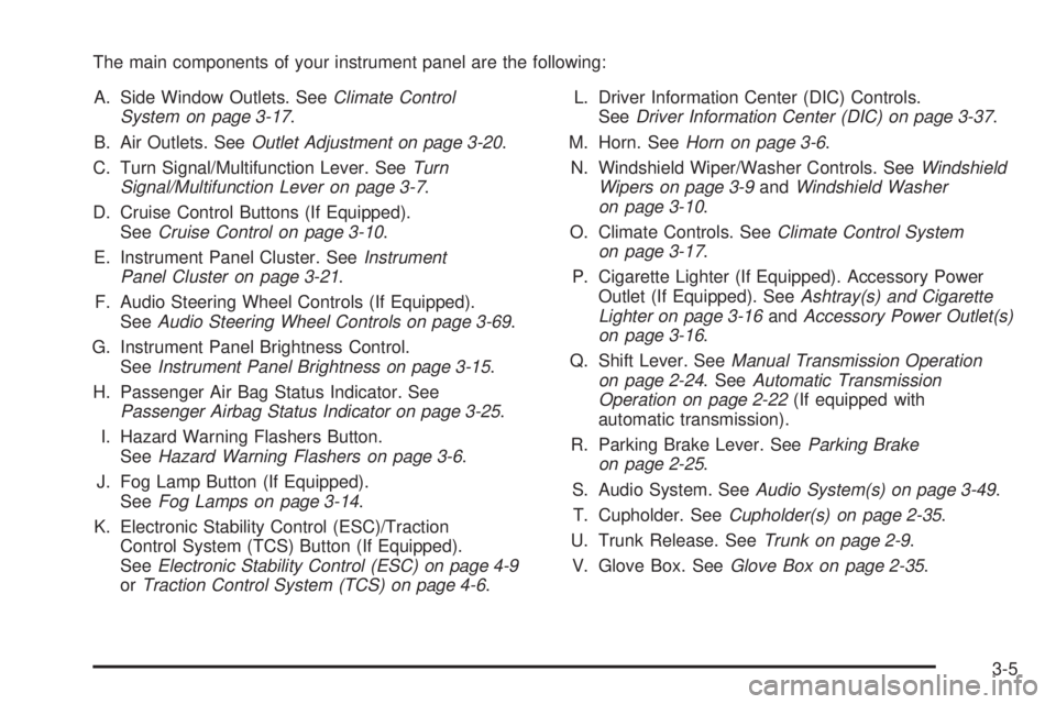 PONTIAC SOLSTICE 2008  Owners Manual The main components of your instrument panel are the following:
A. Side Window Outlets. SeeClimate Control
System on page 3-17.
B. Air Outlets. SeeOutlet Adjustment on page 3-20.
C. Turn Signal/Multif