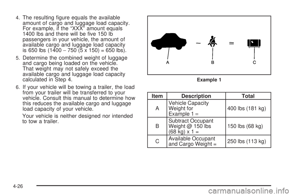 PONTIAC SOLSTICE 2008  Owners Manual 4.The resulting �gure equals the available
amount of cargo and luggage load capacity.
For example, if the “XXX” amount equals
1400 lbs and there will be �ve 150 lb
passengers in your vehicle, the 