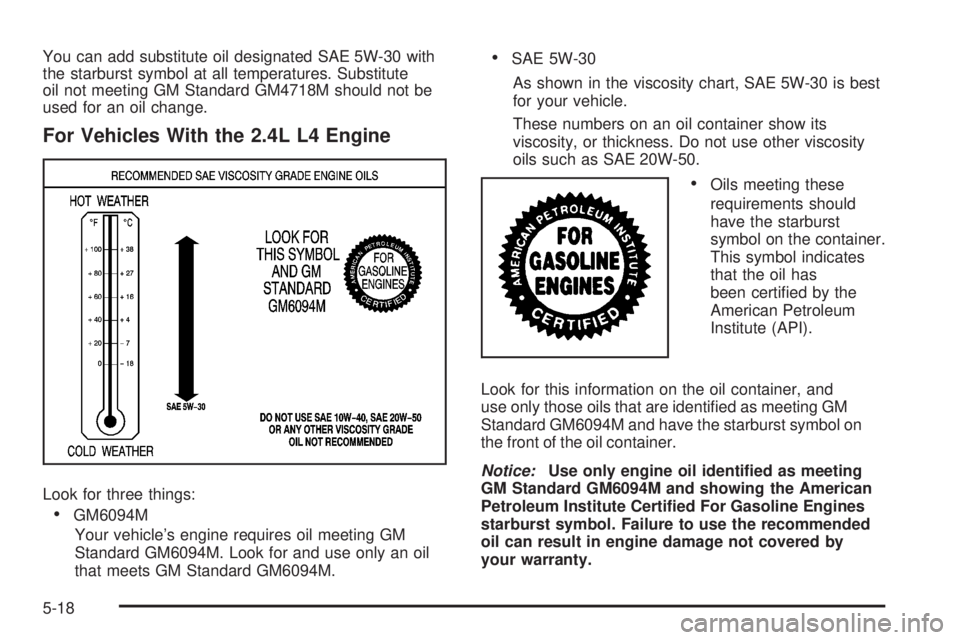 PONTIAC SOLSTICE 2008 Workshop Manual You can add substitute oil designated SAE 5W-30 with
the starburst symbol at all temperatures. Substitute
oil not meeting GM Standard GM4718M should not be
used for an oil change.
For Vehicles With th