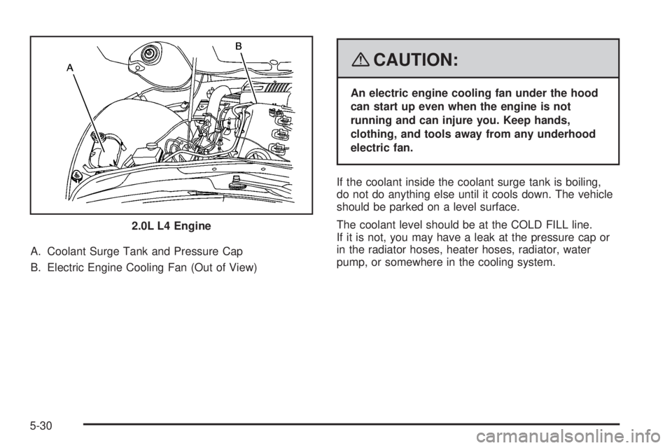 PONTIAC SOLSTICE 2008 User Guide A. Coolant Surge Tank and Pressure Cap
B. Electric Engine Cooling Fan (Out of View)
{CAUTION:
An electric engine cooling fan under the hood
can start up even when the engine is not
running and can inj