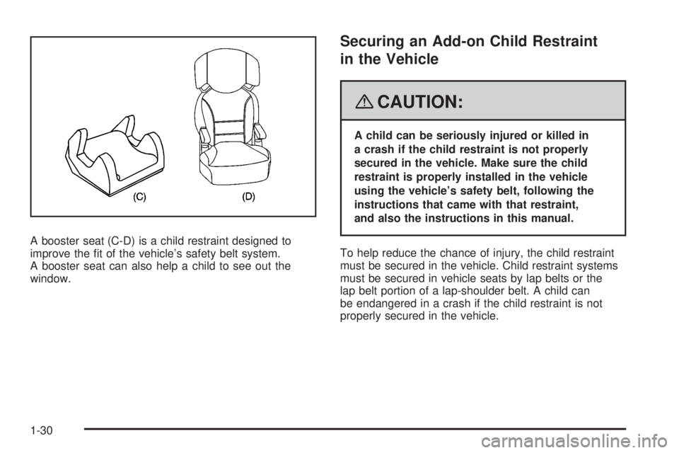 PONTIAC SOLSTICE 2008 Owners Guide A booster seat (C-D) is a child restraint designed to
improve the �t of the vehicle’s safety belt system.
A booster seat can also help a child to see out the
window.
Securing an Add-on Child Restrai