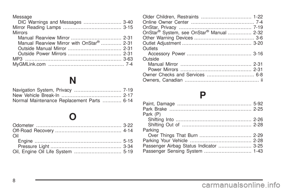 PONTIAC SOLSTICE 2008  Owners Manual Message
DIC Warnings and Messages........................3-40
Mirror Reading Lamps.....................................3-15
Mirrors
Manual Rearview Mirror................................2-31
Manual Re
