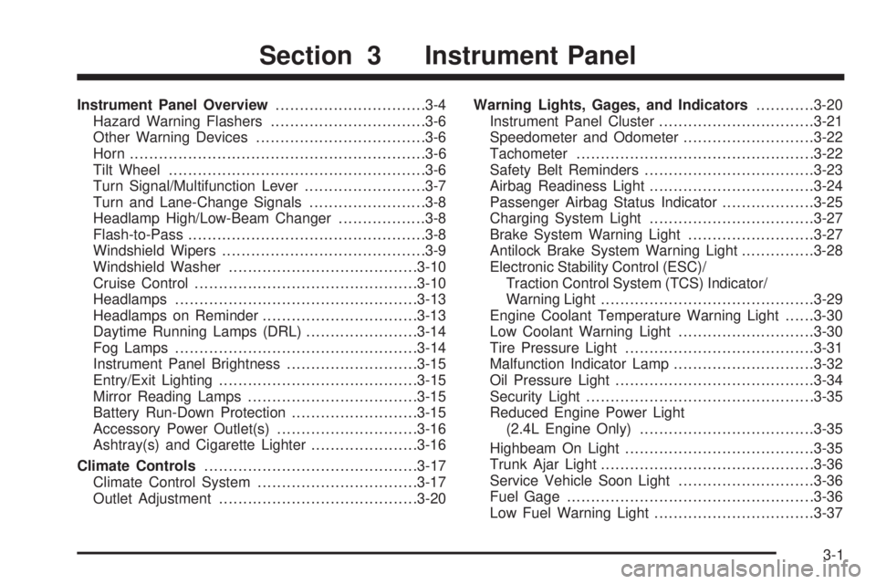 PONTIAC SOLSTICE 2008  Owners Manual Instrument Panel Overview...............................3-4
Hazard Warning Flashers................................3-6
Other Warning Devices...................................3-6
Horn.................