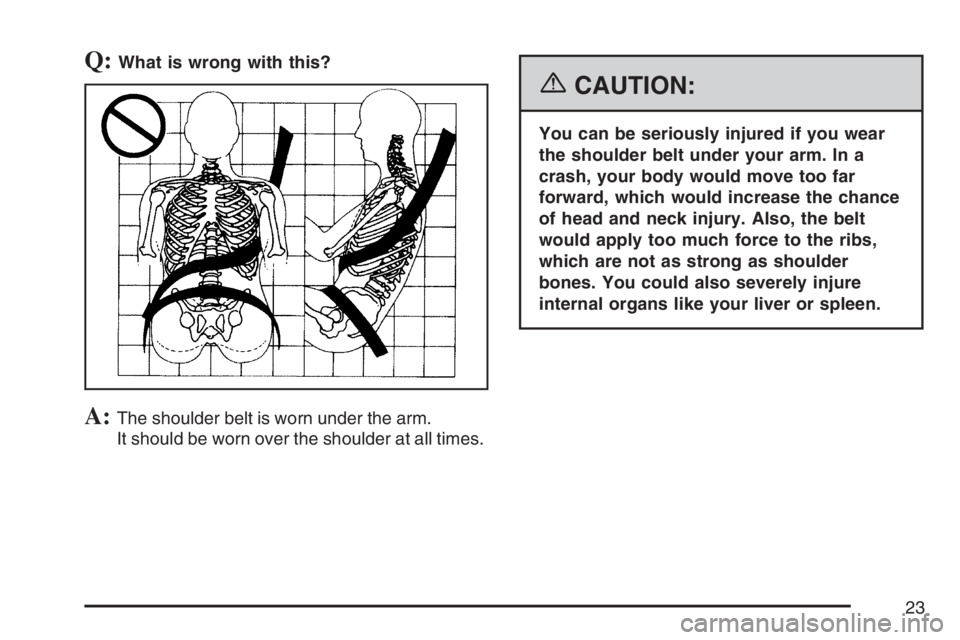 PONTIAC SOLSTICE 2007 Owners Manual Q:What is wrong with this?
A:The shoulder belt is worn under the arm.
It should be worn over the shoulder at all times.
{CAUTION:
You can be seriously injured if you wear
the shoulder belt under your 