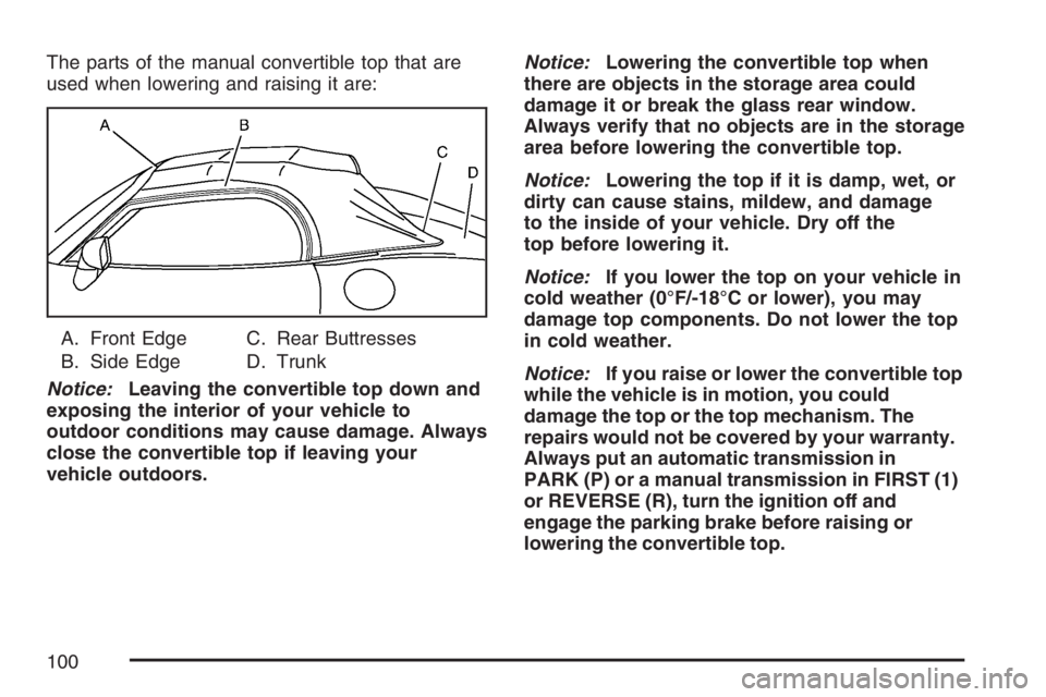 PONTIAC SOLSTICE 2007  Owners Manual The parts of the manual convertible top that are
used when lowering and raising it are:
A. Front Edge
B. Side EdgeC. Rear Buttresses
D. Trunk
Notice:Leaving the convertible top down and
exposing the i