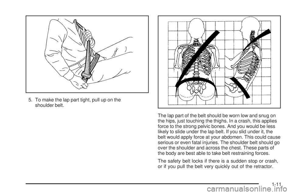 PONTIAC SOLSTICE 2006 User Guide 5. To make the lap part tight, pull up on the
shoulder belt.
The lap part of the belt should be worn low and snug on
the hips, just touching the thighs. In a crash, this applies
force to the strong pe