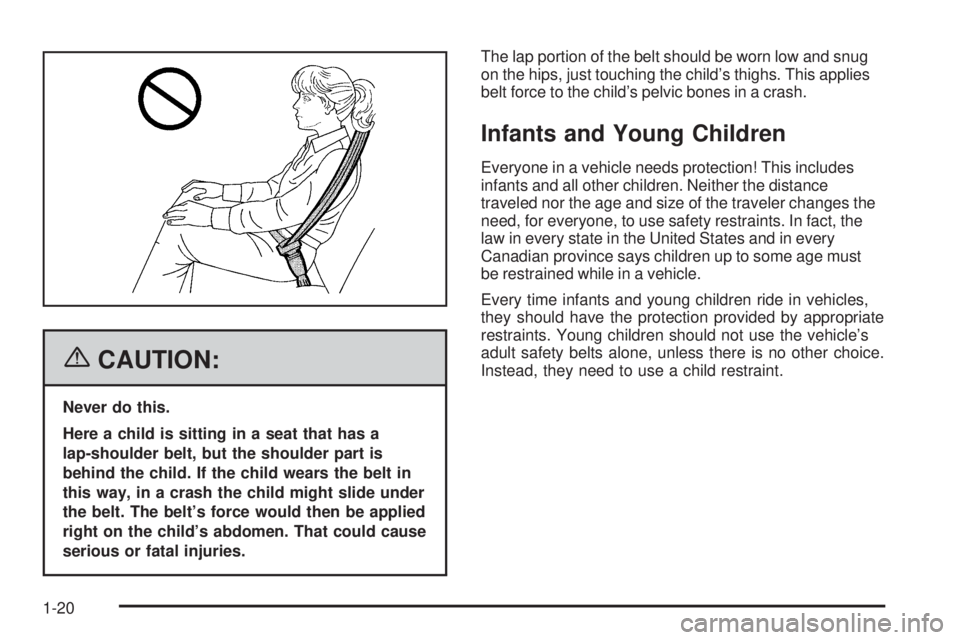 PONTIAC SOLSTICE 2006 Owners Manual {CAUTION:
Never do this.
Here a child is sitting in a seat that has a
lap-shoulder belt, but the shoulder part is
behind the child. If the child wears the belt in
this way, in a crash the child might 