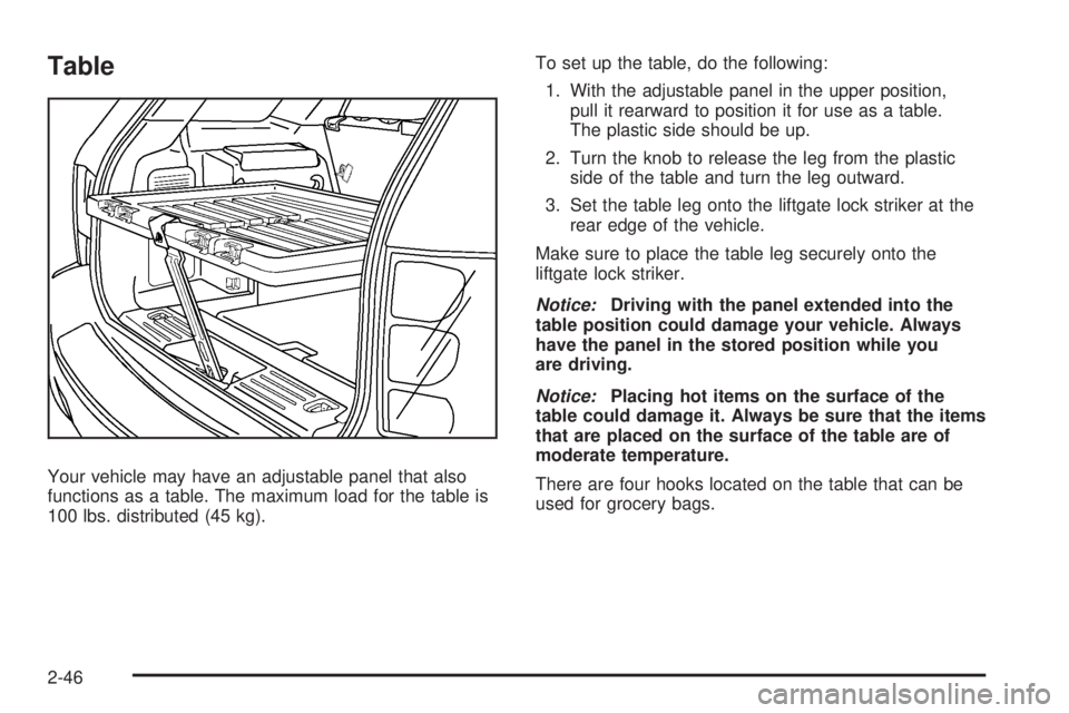 PONTIAC TORRENT 2009 Owners Manual Table
Your vehicle may have an adjustable panel that also
functions as a table. The maximum load for the table is
100 lbs. distributed (45 kg).To set up the table, do the following:
1. With the adjust PONTIAC TORRENT 2009 Owners Manual Table
Your vehicle may have an adjustable panel that also
functions as a table. The maximum load for the table is
100 lbs. distributed (45 kg).To set up the table, do the following:
1. With the adjust
