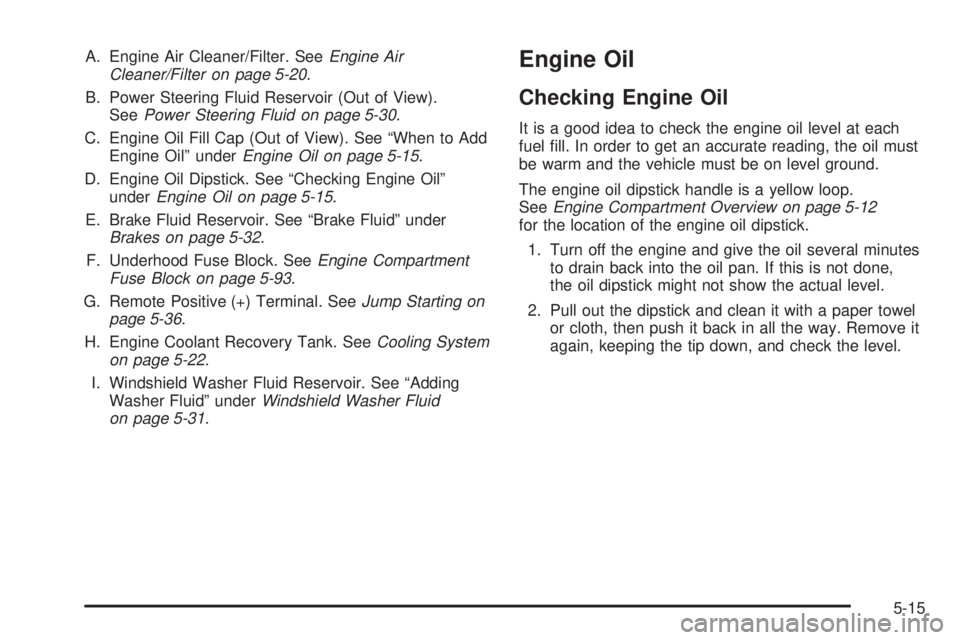PONTIAC TORRENT 2009  Owners Manual A. Engine Air Cleaner/Filter. SeeEngine Air
Cleaner/Filter on page 5-20.
B. Power Steering Fluid Reservoir (Out of View).
SeePower Steering Fluid on page 5-30.
C. Engine Oil Fill Cap (Out of View). Se