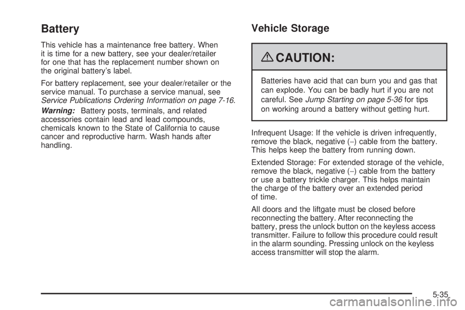 PONTIAC TORRENT 2009  Owners Manual Battery
This vehicle has a maintenance free battery. When
it is time for a new battery, see your dealer/retailer
for one that has the replacement number shown on
the original battery’s label.
For ba
