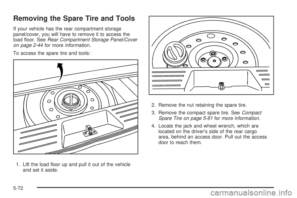 PONTIAC TORRENT 2009  Owners Manual Removing the Spare Tire and Tools
If your vehicle has the rear compartment storage
panel/cover, you will have to remove it to access the
load �oor. SeeRear Compartment Storage Panel/Cover
on page 2-44