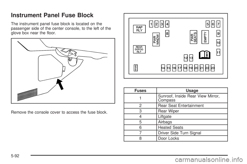 PONTIAC TORRENT 2009  Owners Manual Instrument Panel Fuse Block
The instrument panel fuse block is located on the
passenger side of the center console, to the left of the
glove box near the �oor.
Remove the console cover to access the f